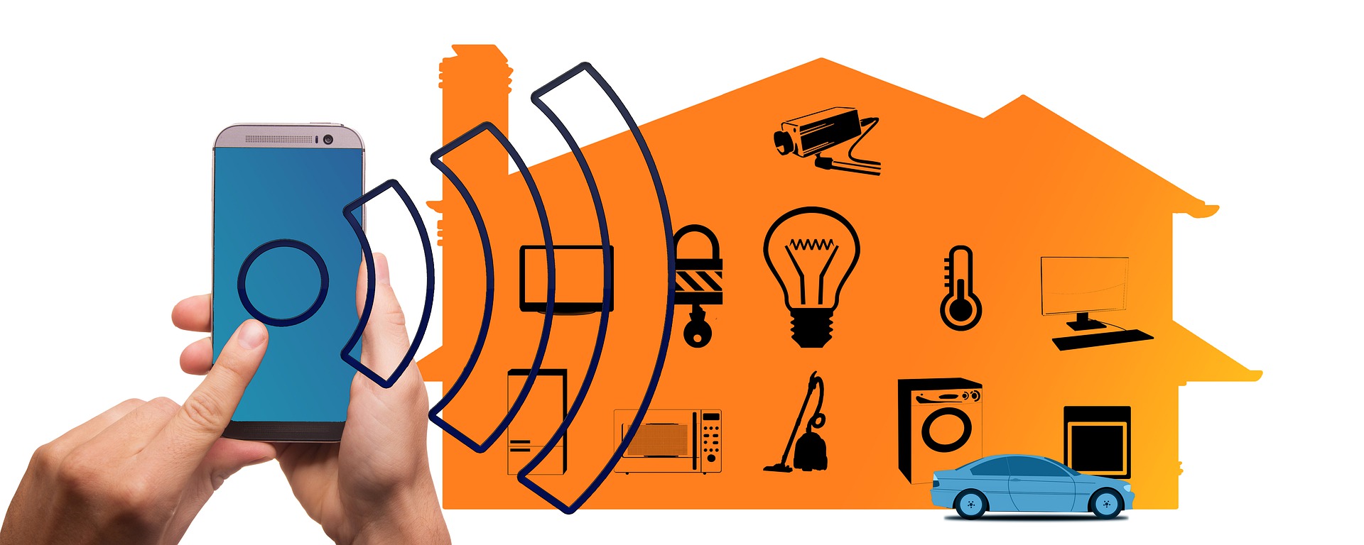 Immagine grafica di un'abitazione indipendente, all'interno della quale icone che rappresentano lampadine, videocamere di sorveglianza ed altri elettrodomestici, controllati in remoto da uno smartphone.
